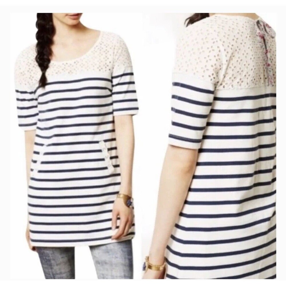 Anthropologie Postmark Jola Eyelet Striped Tunic Dress White Navy Blue XS Cotton